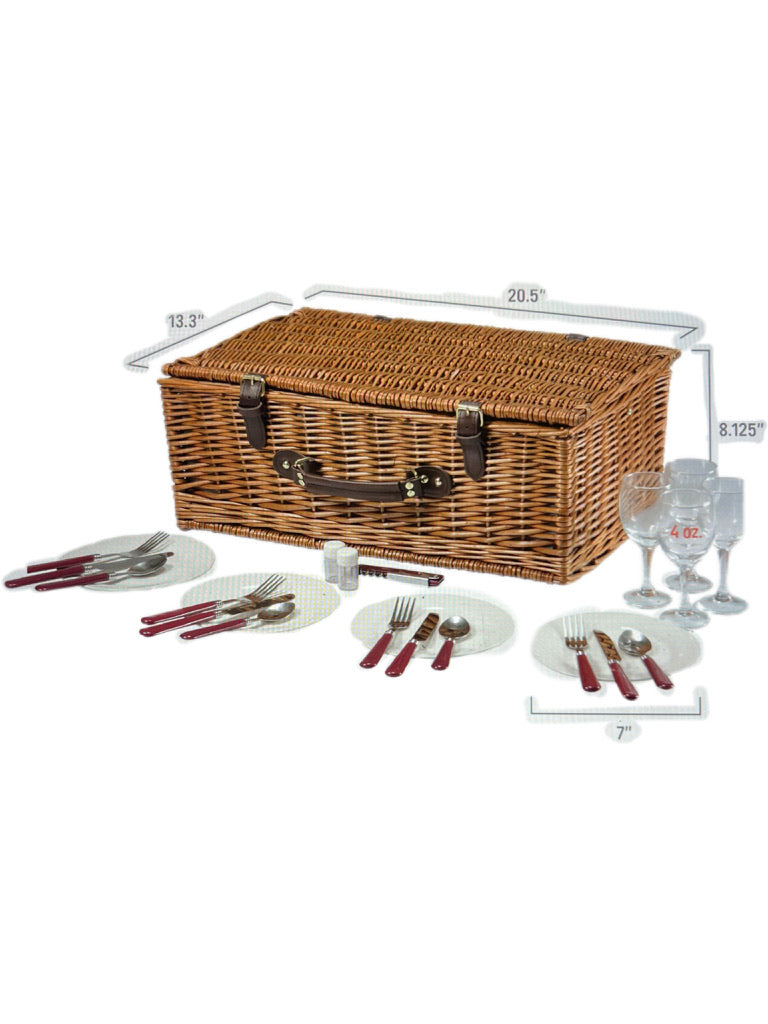 Classic British-style picnic hamper with plaid lining and secure storage for picnic essentials