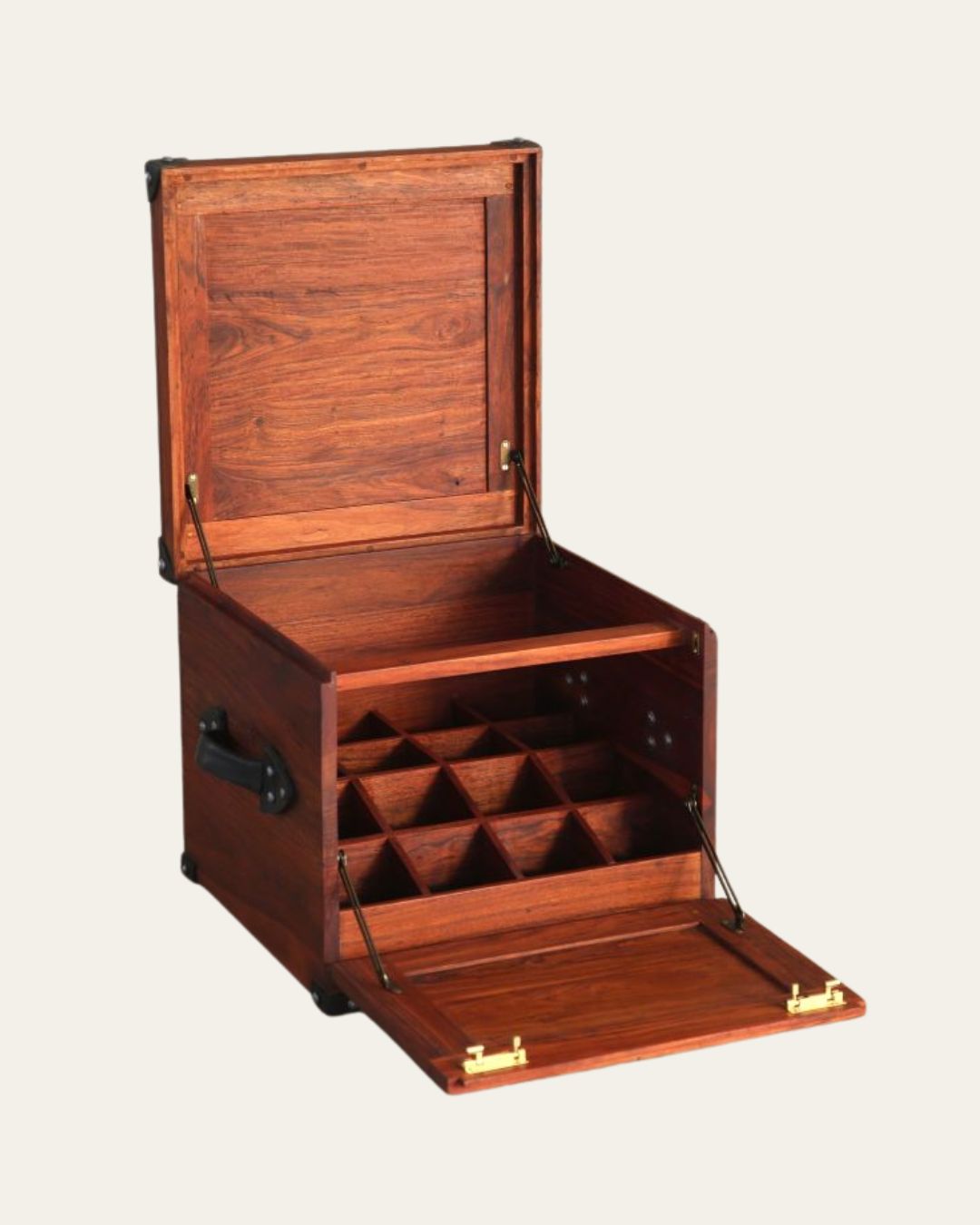 Handcrafted teak safari field bar open, showing internal bottle and glass compartments