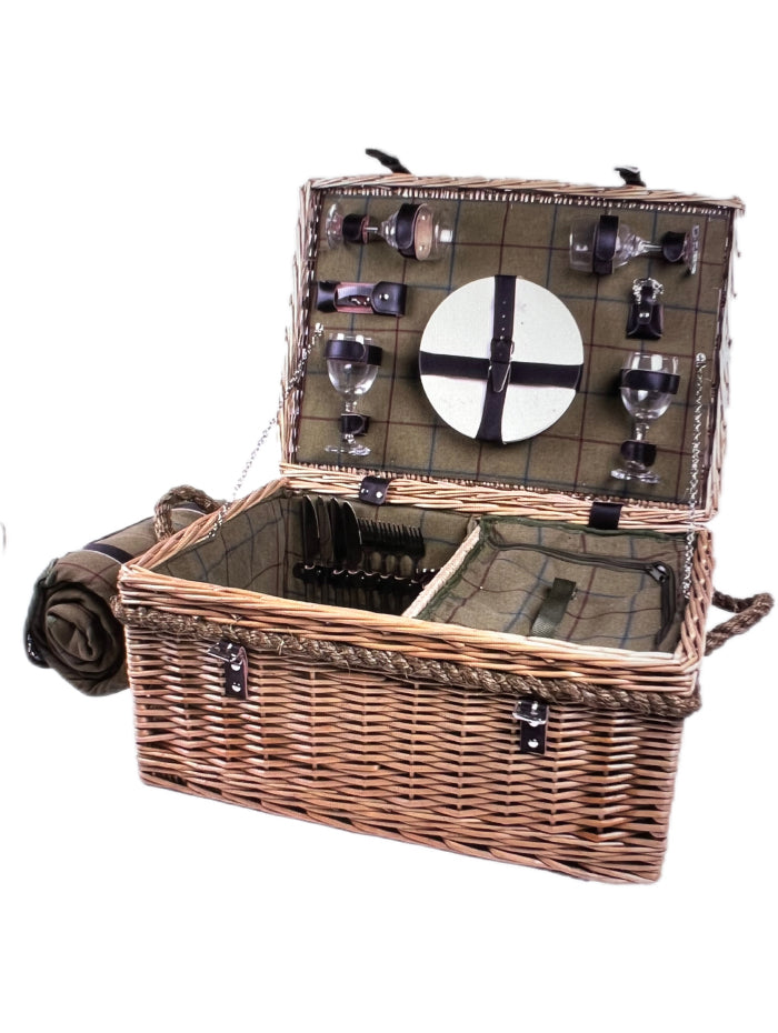 Handcrafted British picnic basket with place settings for four, integrated cooler bag, and coordinating blanket