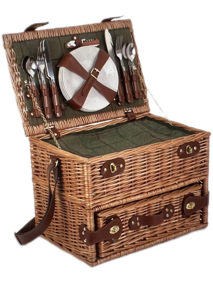 Handcrafted British picnic basket with wine storage drawer, ceramic plates, and glassware