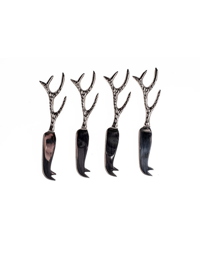 Rustic antler handle cheese knives in stainless steel, perfect for stylish cheese boards