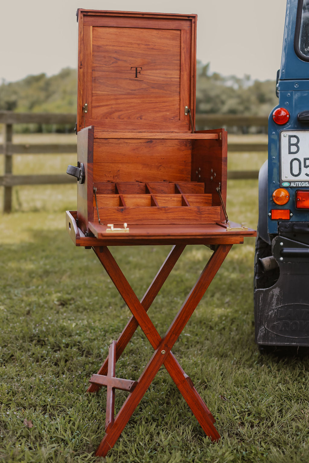 Handcrafted Teak Safari Field Bar with Leather Handles