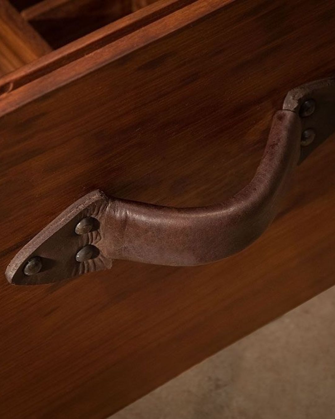 Close-up of safari field bar leather handles and brass snap hinges