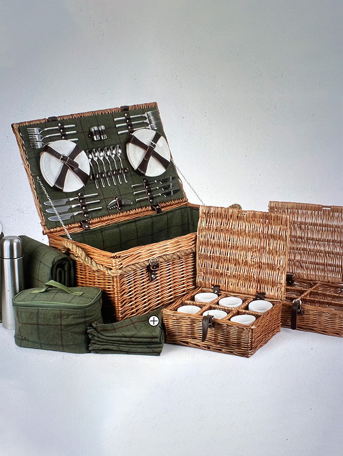 Luxury British-style picnic basket with ceramic plates, wine glasses, and coordinating blanket