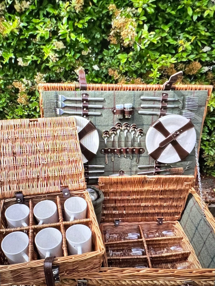 Handcrafted willow picnic hamper with tartan lining, perfect for large family gatherings