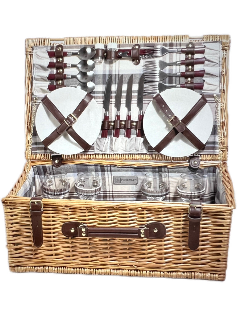 Handwoven willow picnic basket with flat lid and fully-lined interior