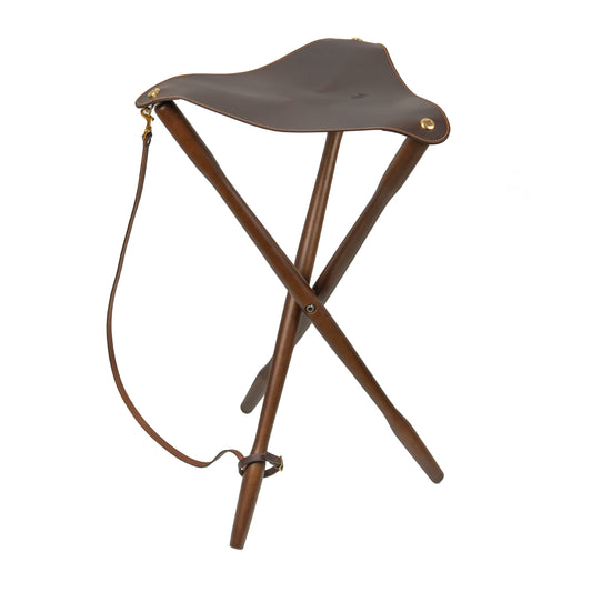 Handcrafted leather tripod field stool with beech wood legs, foldable for easy transport