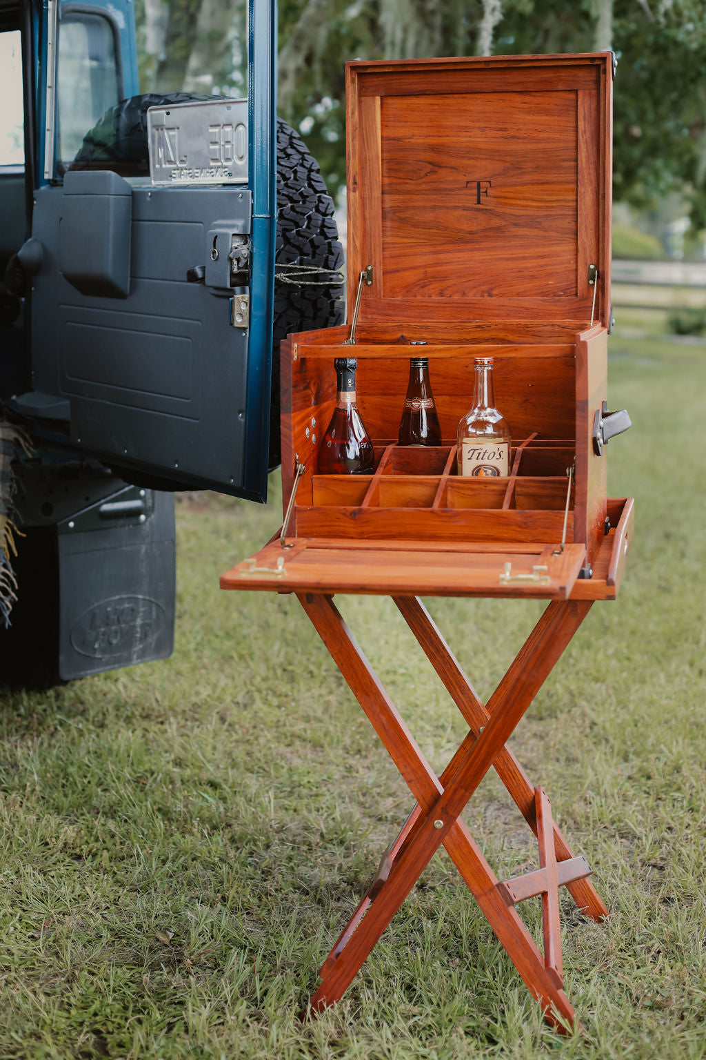 Handcrafted Teak Safari Field Bar with Leather Handles