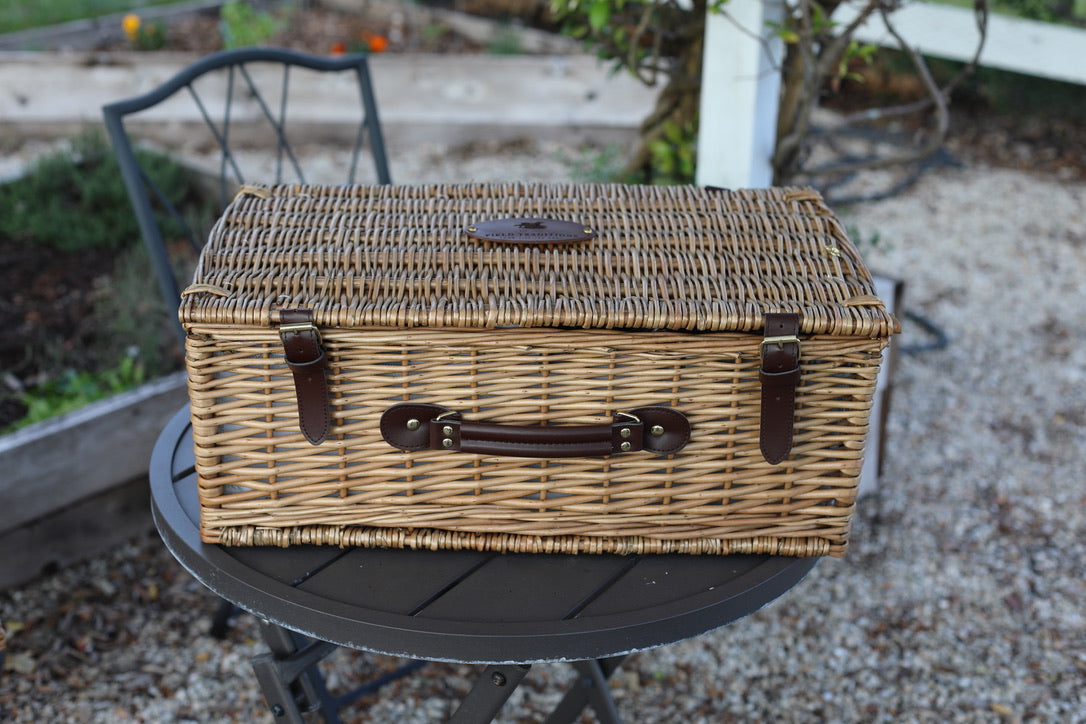 4-person Newbury picnic basket with navy, burgundy, and pale blue plaid lining