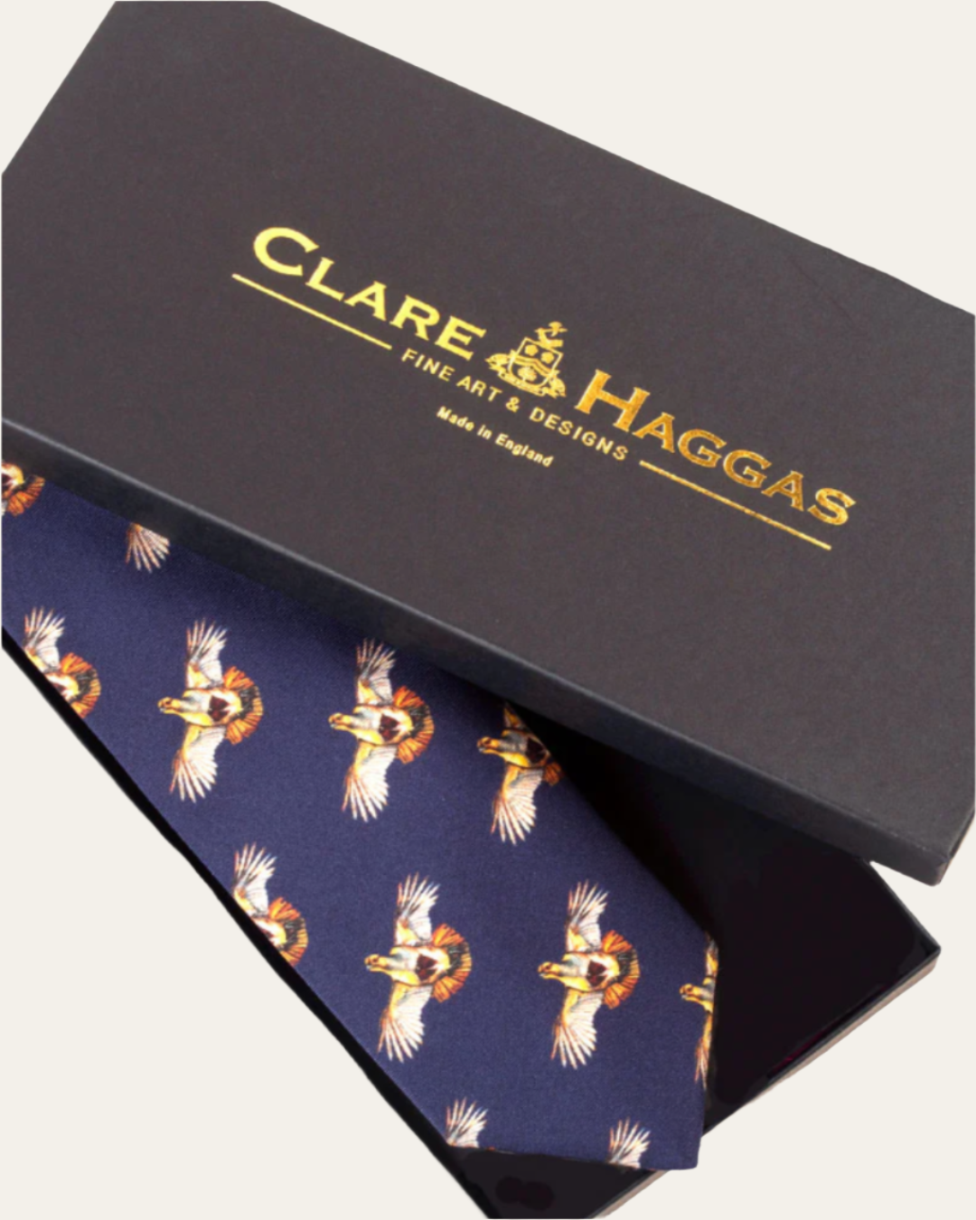 Exclusive Clare Haggas silk tie with English partridge design, accompanied by a certificate of authenticity