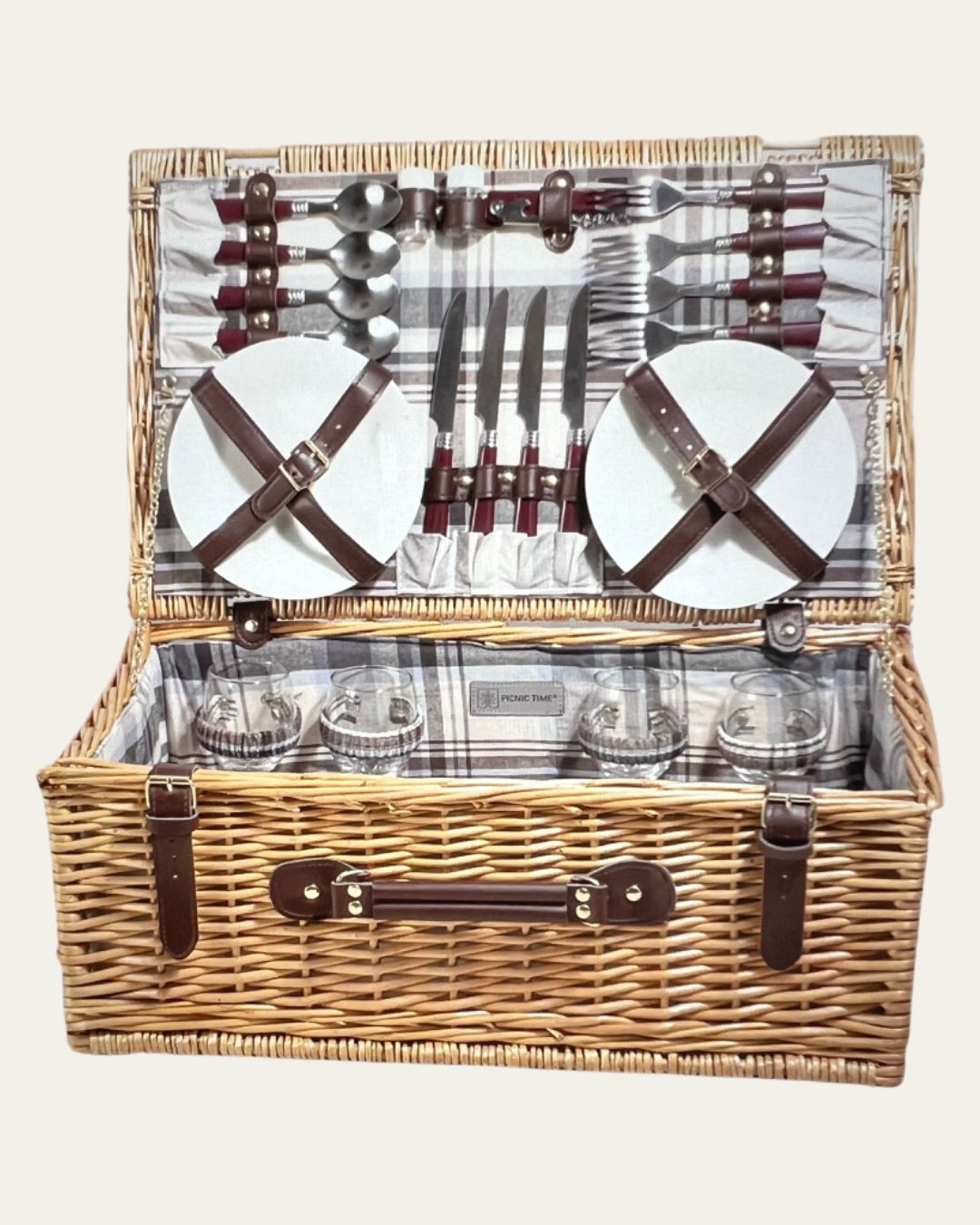 Classic 4-Person Newbury Picnic Basket with Navy, Burgundy & Pale Blue Plaid Lining
