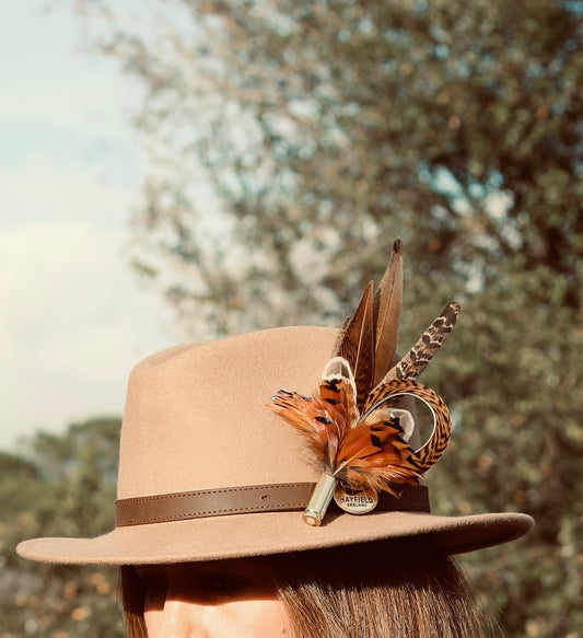 Curled Golden Pheasant feather pin with hen tail and cock flank for fedoras or jackets
