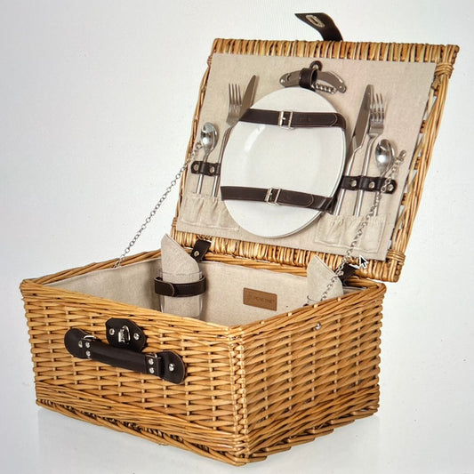 Luxury dark blue tartan picnic hamper with cooler bag and place settings for two