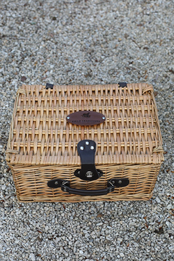 Elegant travel case-style picnic hamper with classic tartan lining and cooler bag insert