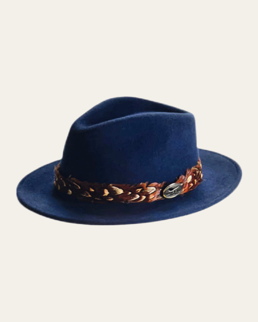 Classic navy felt fedora with a band of pheasant feathers