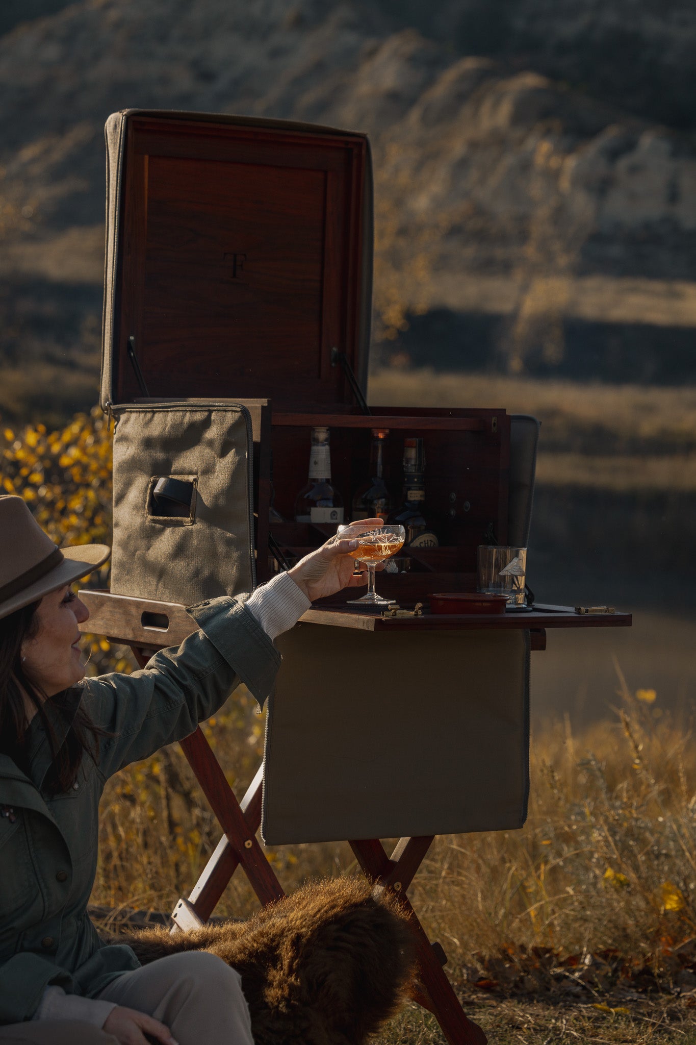 Interior view of safari field bar with 16 compartments for bottles and glasses