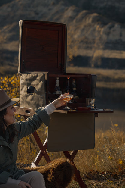 Interior view of safari field bar with 16 compartments for bottles and glasses