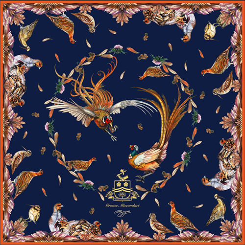 Handcrafted medium square silk scarf with red grouse artwork, crafted in England, 90cm x 90cm