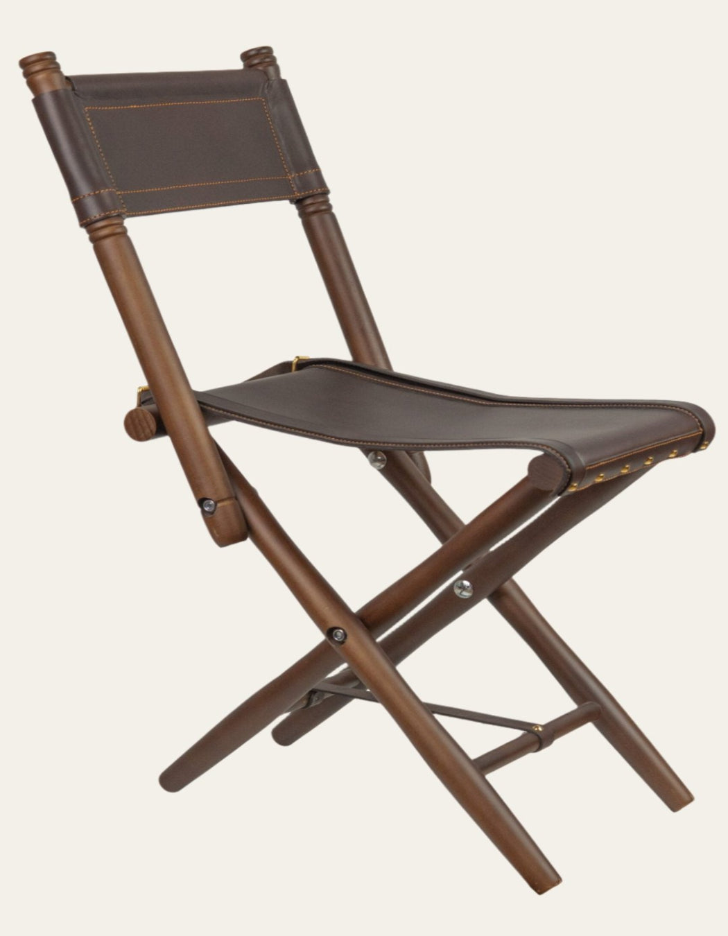 Handcrafted foldable leather and canvas country seat with backrest and beech wood legs