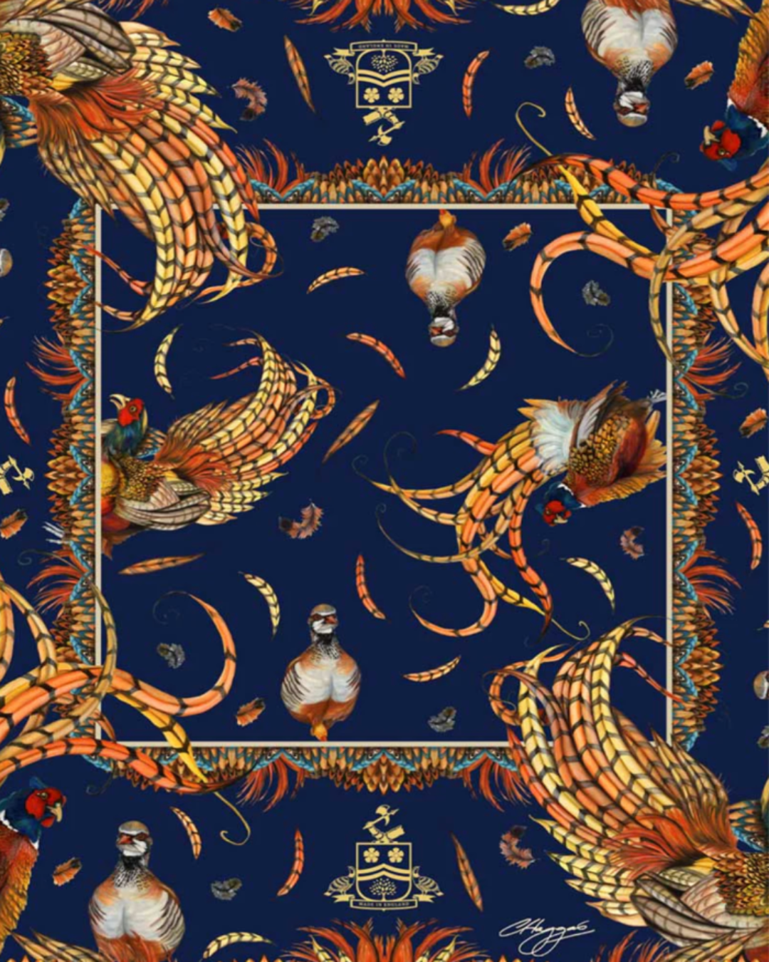 Heads or Tails medium square silk scarf with vibrant game bird illustrations in navy and gold