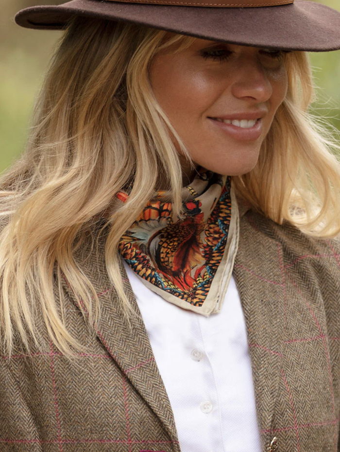 Toffee and navy silk scarf with game bird design by Clare Haggas, medium square size