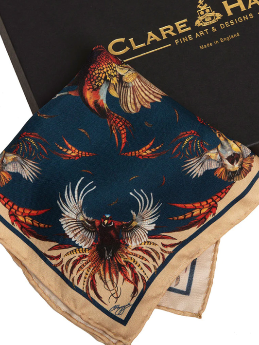 High Flyer navy silk pocket square featuring English partridge design by Clare Haggas, limited edition