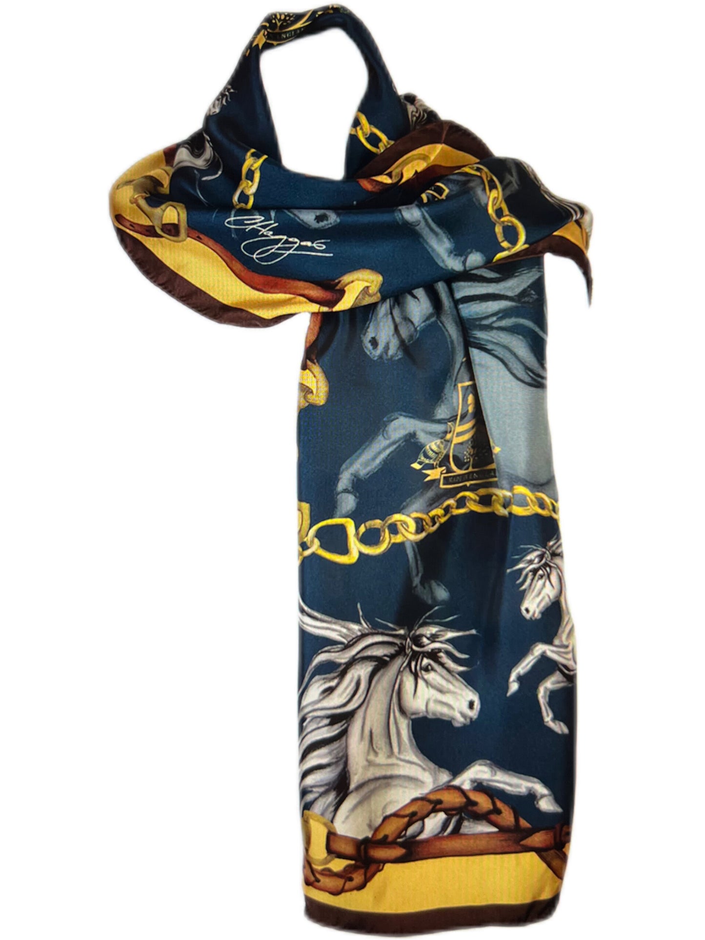 Hold Your Horses Classic Silk Scarf in Navy and Gold