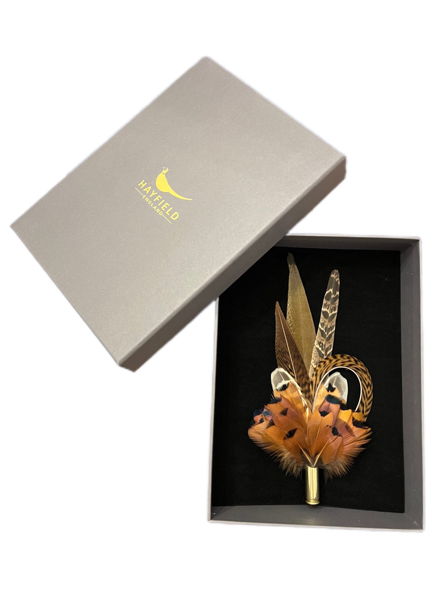 Handmade feather brooch by Hayfield England, featuring pheasant and hen feathers