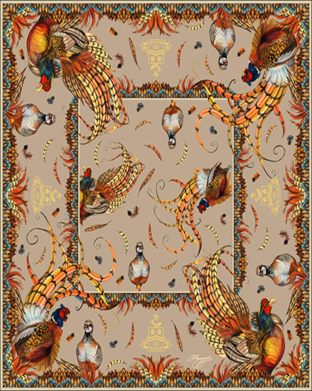 Elegant silk scarf by Clare Haggas with vibrant game birds, perfect for versatile styling