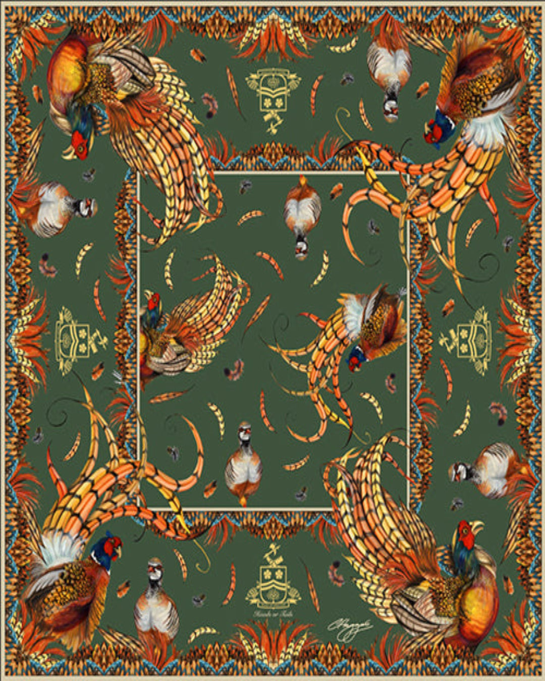 Elegant silk scarf by Clare Haggas with vibrant game birds, perfect for countryside or city wear