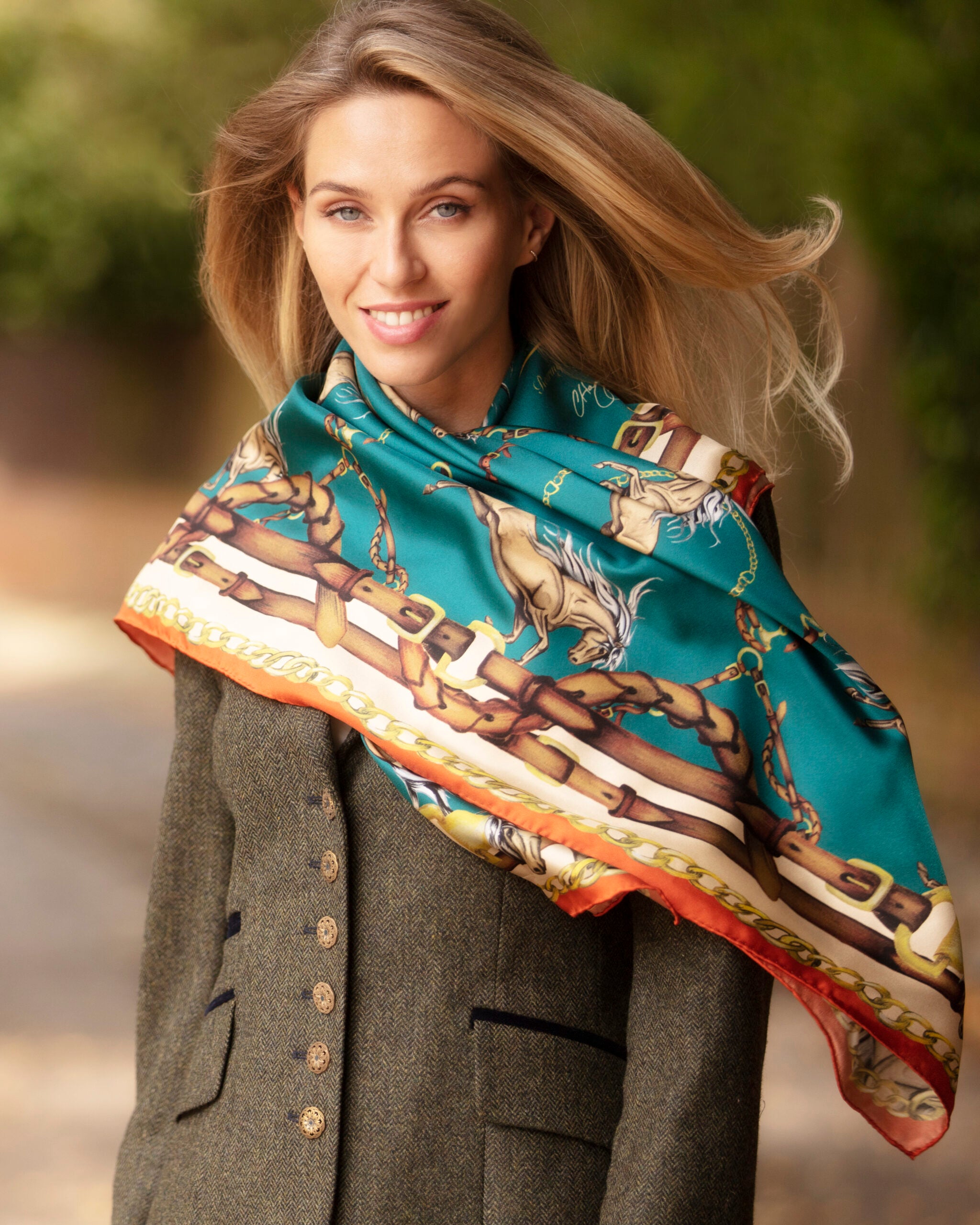 Teal and Rust Large Square Scarf by Field Traditions