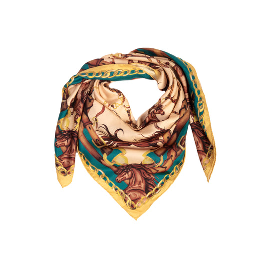 Chic Silk Scarf with Horse Motif in Oyster and Teal