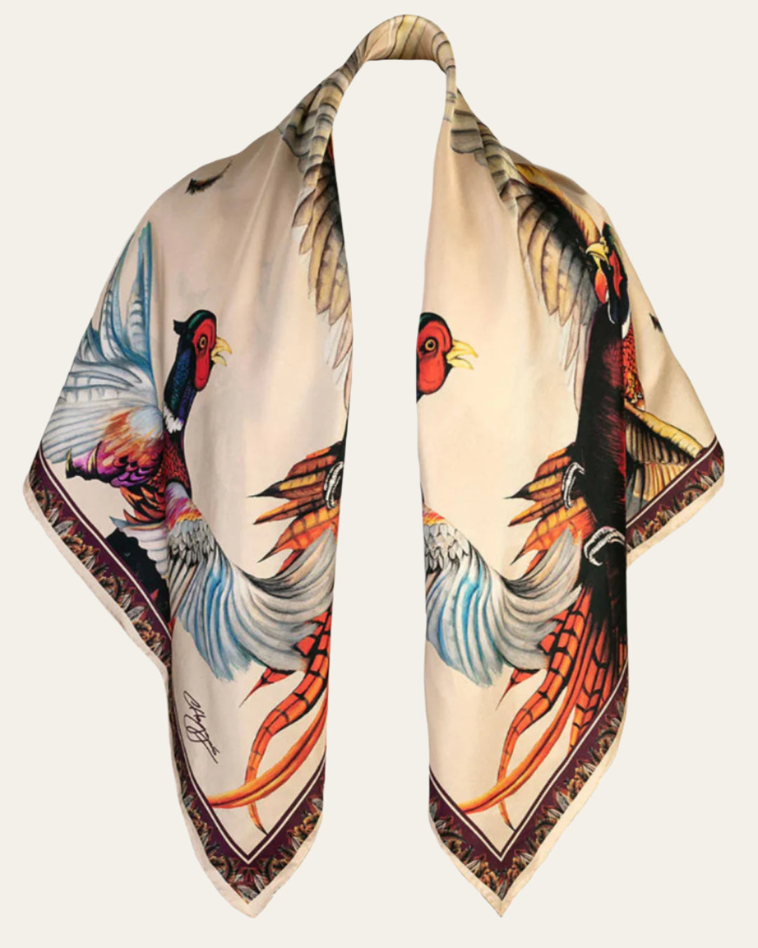 A Wing & A Prayer Anniversary Edition large square silk scarf in champagne and mulberry hues