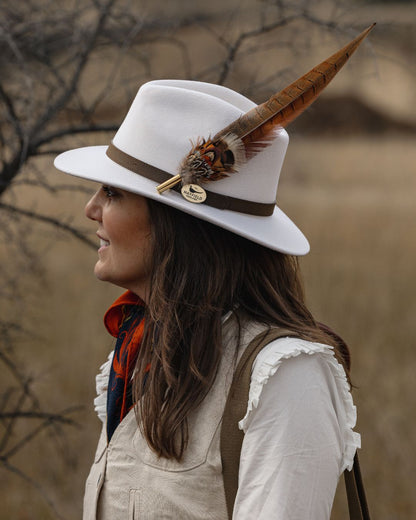 White Fedora Hat with Brown Leather Band