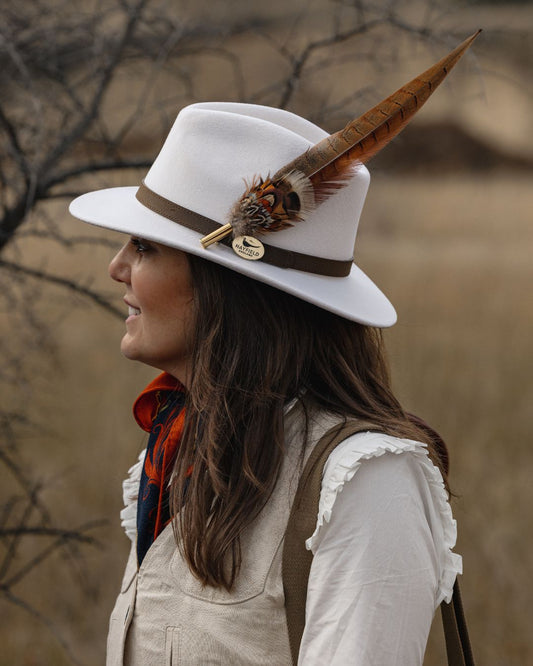 White Fedora Hat with Brown Leather Band