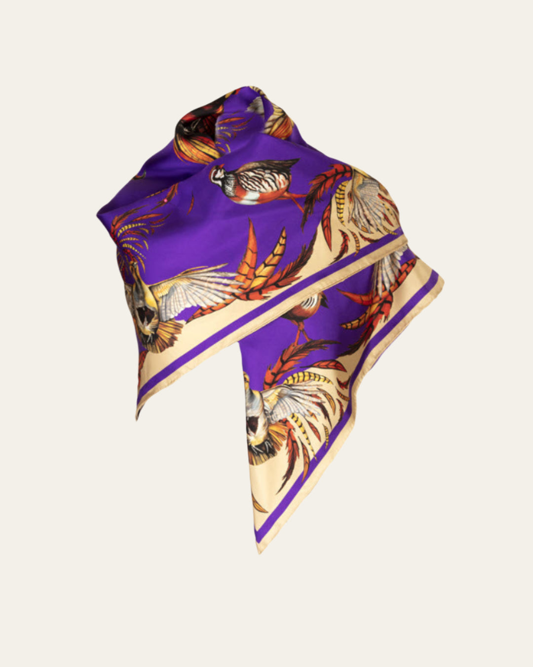 Luxury large square silk scarf by Clare Haggas, featuring red grouse on a violet background