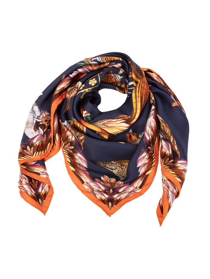 Luxury large square silk scarf by Clare Haggas, featuring red grouse design in navy and Seville tones