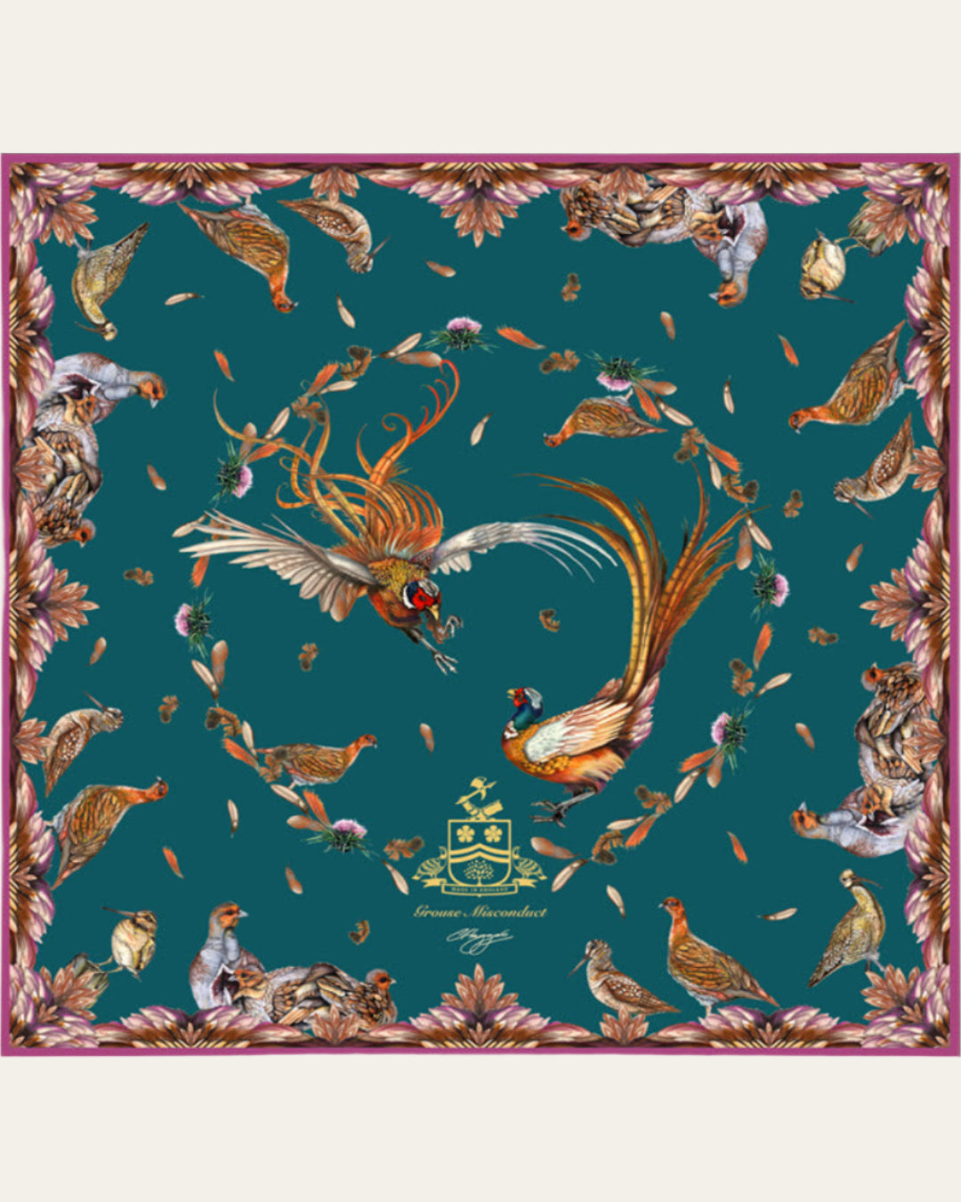 Handcrafted British silk scarf in teal and aubergine with red grouse design, 100cm x 100cm
