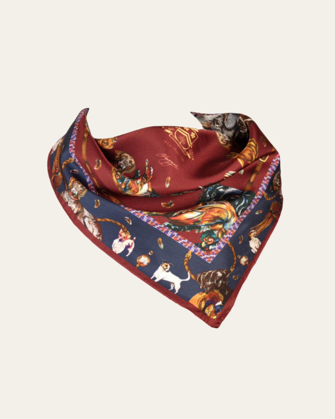 It’s a Dog’s Life Hunter silk scarf with detailed illustrations of gun dogs and game birds, in claret and navy
