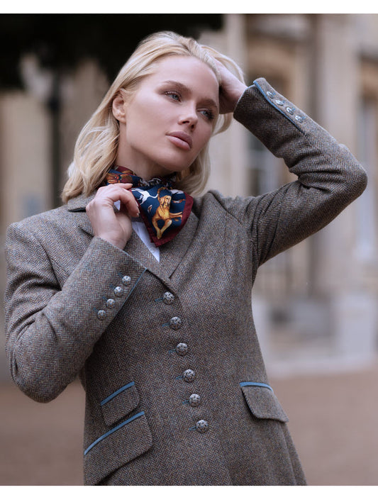 Medium square silk scarf in claret red and navy featuring gun dog breeds and game birds by Clare Haggas