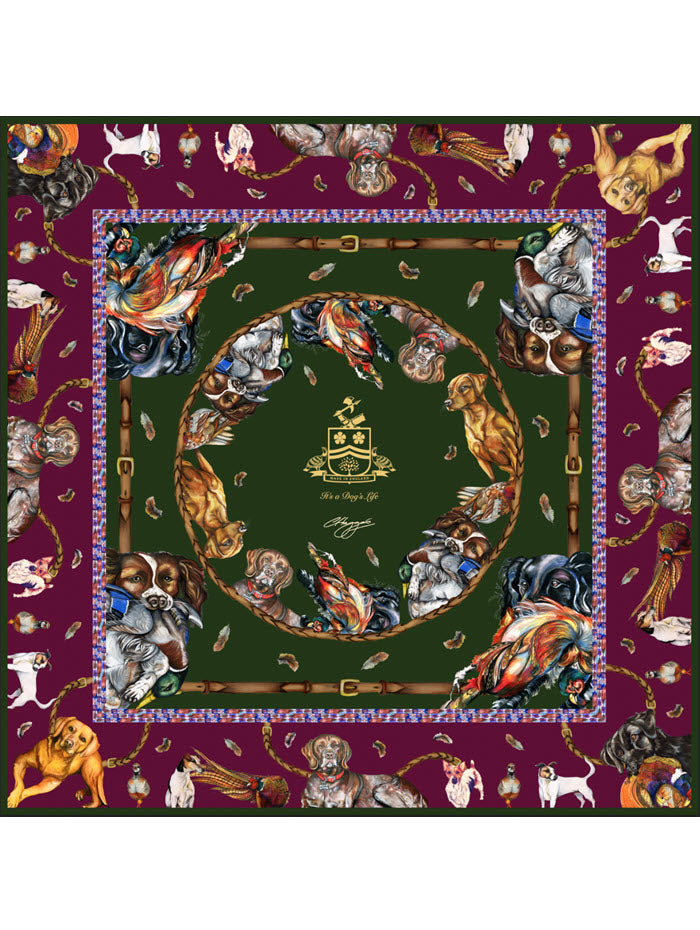 Luxury hunter green and oxblood silk scarf by Clare Haggas, showcasing gun dog breeds and game birds