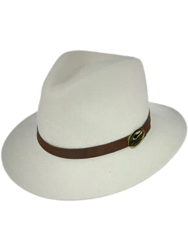 Fedora Hat – White with Brown Leather Band